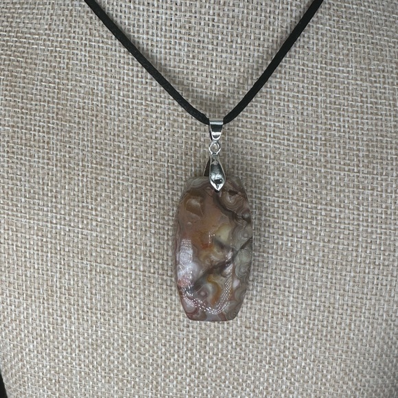 Crazy Lace Agate Laughter Stone Pendant Necklace on Black Satin Rope - Picture 6 of 14